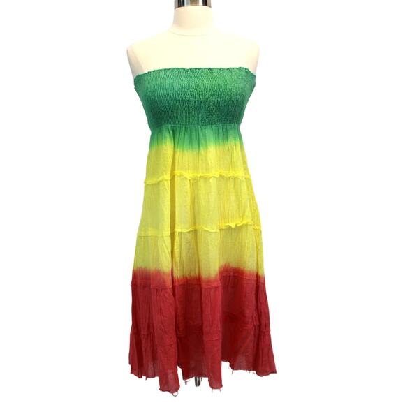 NEW Cute Options Womens S Sundress Smocked Gauzy Reggae Green Yellow Red - Picture 1 of 8